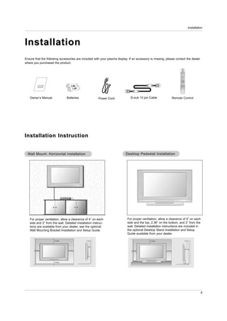Installation




Installation
Ensure that the following accessories are included with your plasma display. If an accessory is missing, please contact the dealer
where you purchased the product.

                                                                                                                                           MODE        POWER
                                                                                                                           LIGHT


                                                                                                                                      COMP/RGB/DVI TIMER
                                                                                                                          TV/VIDEO




                                                                                                                                                       FLASHBK




                                                                                                                         MUTE                             SURF

                                                                                                                                     VOL          CH




                                                                                                                                      SAP     RATIO

                                                                                                                          INFO                                CC




                                                                                                                                        ENTER




                                                                                                                         MENU                             EXIT

                                                                                                                                     SOUND    VIDEO



                                                                                                                          PLAY       PAUSE    STOP RECORD



                                                                                                                          REW          FF              SKIP




                                     1.5V                                                                                  PIP



                                                                                                                         FREEZE
                                                                                                                                     PIPCH-



                                                                                                                                     ZOOM
                                                                                                                                              PIPCH+



                                                                                                                                              SIGNAL
                                                                                                                                                         PIPINPUT



                                                                                                                                                          SWAP




                                       1.5V
                                                                                                                         ADJUST




   Owner’s Manual                Batteries                Power Cord          D-sub 15 pin Cable                    Remote Control




Installation Instruction


  Wall Mount: Horizontal installation                                     Desktop Pedestal Installation




   For proper ventilation, allow a clearance of 4” on each                  For proper ventilation, allow a clearance of 4” on each
   side and 2” from the wall. Detailed installation instruc-                side and the top, 2.36” on the bottom, and 2” from the
   tions are available from your dealer, see the optional                   wall. Detailed installation instructions are included in
   Wall Mounting Bracket Installation and Setup Guide.                      the optional Desktop Stand Installation and Setup
                                                                            Guide available from your dealer.

                      4 inches                 2 inches                                      4 inches                                                              2 inches




       4 inches                   4 inches                                     4 inches                  4 inches




                      4 inches




                                                                                                                                                                                    9
 