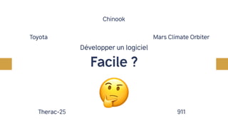 Développer un logiciel
Facile ?
🤔
Toyota
Chinook
Mars Climate Orbiter
Therac-25 911
 