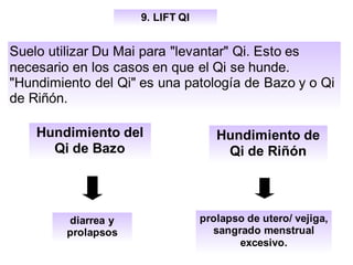 9. LIFT QI
Suelo utilizar Du Mai para "levantar" Qi. Esto es
necesario en los casos en que el Qi se hunde.
"Hundimiento del Qi" es una patología de Bazo y o Qi
de Riñón.
Hundimiento del
Qi de Bazo
diarrea y
prolapsos
Hundimiento de
Qi de Riñón
prolapso de utero/ vejiga,
sangrado menstrual
excesivo.
 