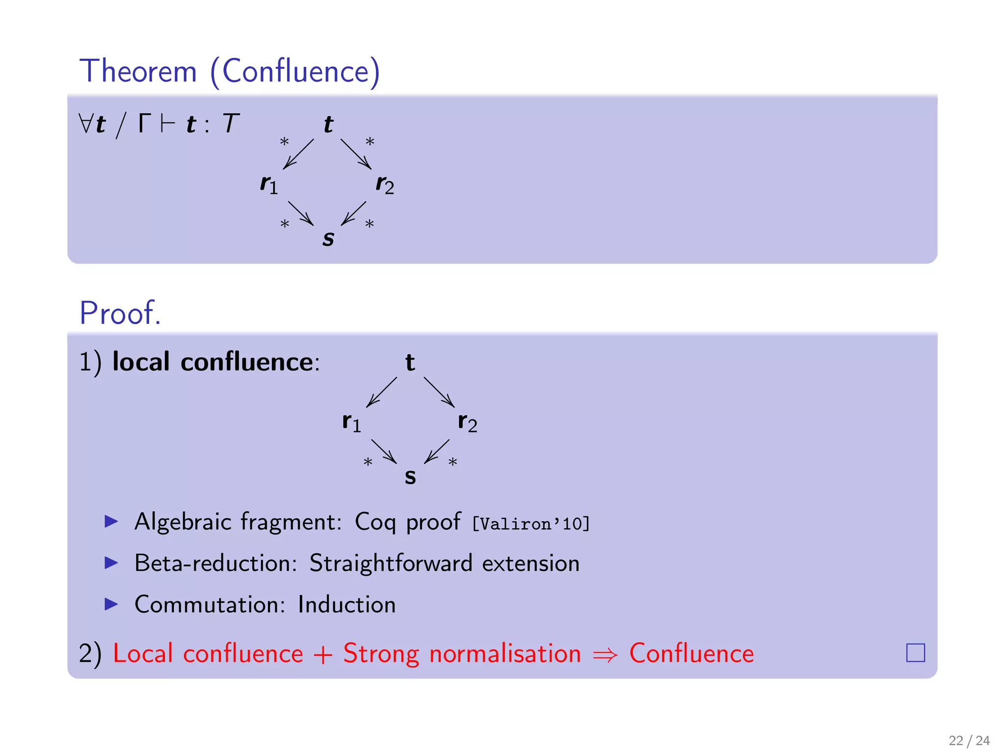 Theorem (Conﬂuence)
∀t / Γ   t:T     ∗
                        t            ∗
                                        
               r1                            r2
                    ∗       ~        ∗
                        s

Proof.
1) local conﬂuence:                               t
                                                         
                                r1                            r2
                                     ∗                ~   ∗
                                                  s
    Algebraic fragment: Coq proof                              [Valiron’10]

    Beta-reduction: Straightforward extension
    Commutation: Induction

2) Local conﬂuence + Strong normalisation ⇒ Conﬂuence


                                                                              22 / 24
 