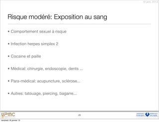 18 janv. 2013




       Risque modéré: Exposition au sang

       • Comportement sexuel à risque


       • Infection herpes simplex 2


       • Cocaine et paille


       • Médical: chirurgie, endoscopie, dents ...


       • Para-médical: acupuncture, sclérose...


       • Autres: tatouage, piercing, bagarre...




                                                  28

vendredi 18 janvier 13
 