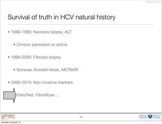18 janv. 2013




       Survival of truth in HCV natural history

       • 1980-1990: Necrosis biopsy, ALT


             • Chronic persistent or active


       • 1990-2000: Fibrosis biopsy


             • Scheuer, Knodell-Ishak, METAVIR


       • 2000-2010: Non invasive markers


             • FibroTest, FibroScan…




                                                 33

vendredi 18 janvier 13
 