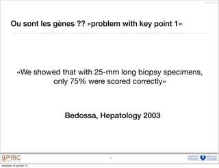 7 févr. 2012




       Ou sont les gènes ?? «problem with key point 1»




             «We showed that with 25-mm long biopsy specimens,
                     only 75% were scored correctly»



                         Bedossa, Hepatology 2003




                                     514


vendredi 18 janvier 13
 