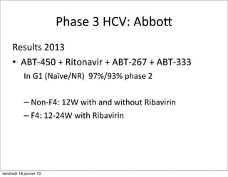 Phase	
  3	
  HCV:	
  AbboY
     Results	
  2013
     • ABT-­‐450	
  +	
  Ritonavir	
  +	
  ABT-­‐267	
  +	
  ABT-­‐333
            In	
  G1	
  (Naïve/NR)	
  	
  97%/93%	
  phase	
  2

            – Non-­‐F4:	
  12W	
  with	
  and	
  without	
  Ribavirin
            – F4:	
  12-­‐24W	
  with	
  Ribavirin




vendredi 18 janvier 13
 