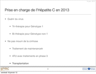 18 janv. 2013




     Prise en charge de l’Hépatite C en 2013

     • Guérir du virus


           • Tri-thérapie pour Génotype 1


           • Bi-thérapie pour Génotype non-1


     • Ne pas mourir de la cirrhose


           • Traitement de maintenancetr


           • ATU avec traitements en phase 3


           • Transplantation

                                            22


vendredi 18 janvier 13
 