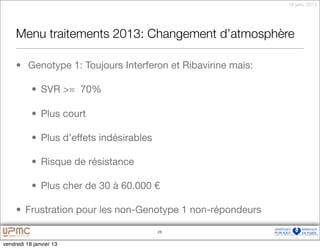 18 janv. 2013




     Menu traitements 2013: Changement d’atmosphère

     • Genotype 1: Toujours Interferon et Ribavirine mais:

           • SVR >= 70%

           • Plus court

           • Plus d’effets indésirables

           • Risque de résistance

           • Plus cher de 30 à 60.000 €

     • Frustration pour les non-Genotype 1 non-répondeurs

                                          28


vendredi 18 janvier 13
 