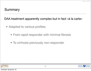 18 janv. 2013




     Summary

    DAA treatment apparently complex but in fact «à la carte»

       • Adapted to various proﬁles:

             • From rapid responder with minimal ﬁbrosis

             • To cirrhosis previously non-responder




                                     64


vendredi 18 janvier 13
 