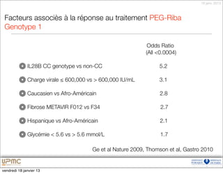 18 janv. 2013



 Facteurs associès à la réponse au traitement PEG-Riba
 Genotype 1

                                                             Odds Ratio
                                                            (All <0.0004)

              IL28B CC genotype vs non-CC                        5.2

              Charge virale ≤ 600,000 vs > 600,000 IU/mL         3.1

              Caucasien vs Afro-Américain                        2.8

              Fibrose METAVIR F012 vs F34                         2.7

              Hispanique vs Afro-Américain                        2.1

              Glycémie < 5.6 vs > 5.6 mmol/L                      1.7

                                       Ge et al Nature 2009, Thomson et al, Gastro 2010


vendredi 18 janvier 13
 