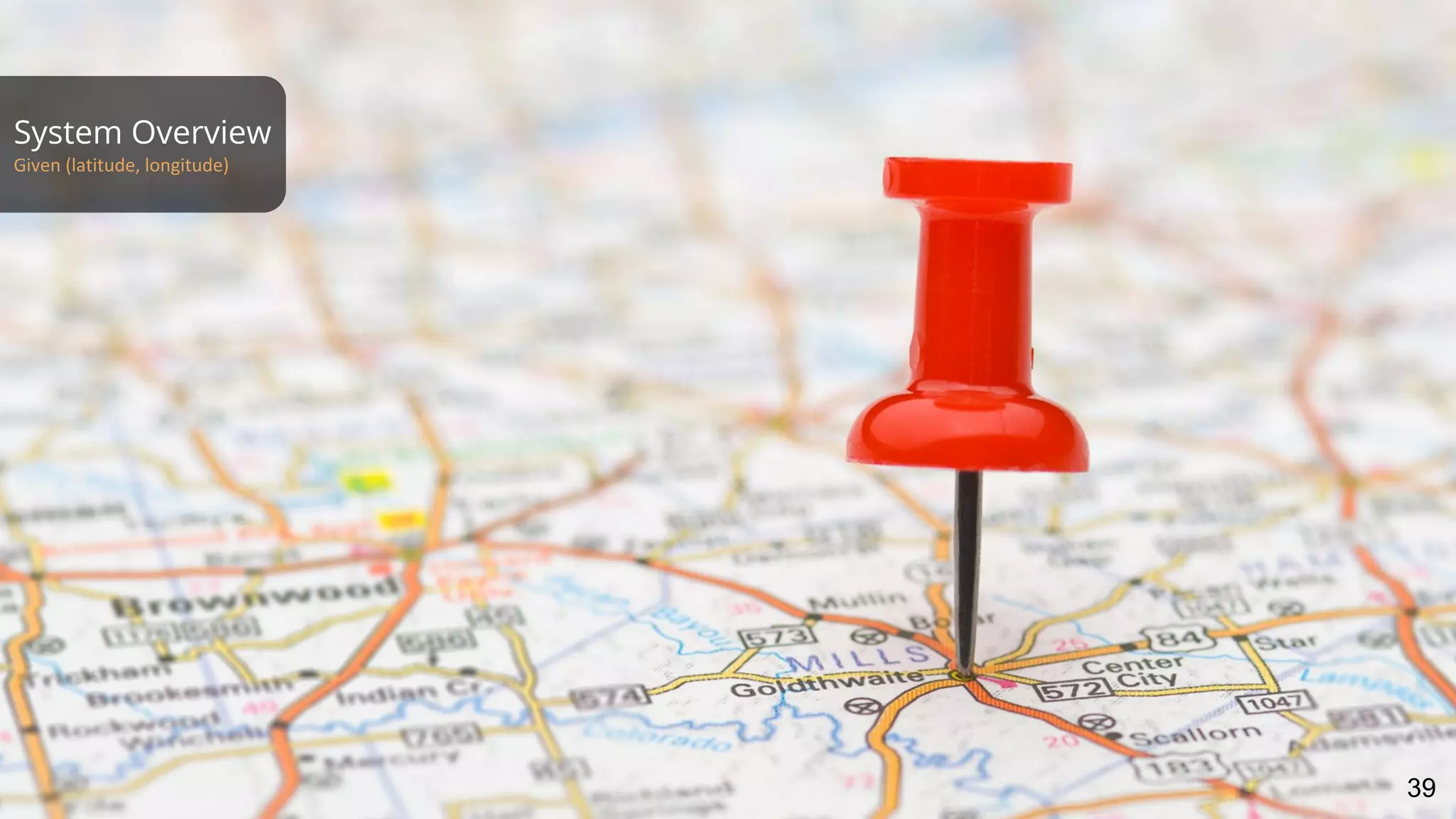 System Overview
Given (latitude, longitude)
39
 