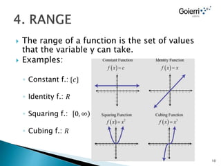  The range of a function is the set of values
that the variable y can take.
 Examples:
◦ Constant f.: {𝑐}
◦ Identity f.: 𝑅
◦ Squaring f.: 0, ∞
◦ Cubing f.: 𝑅
10
 