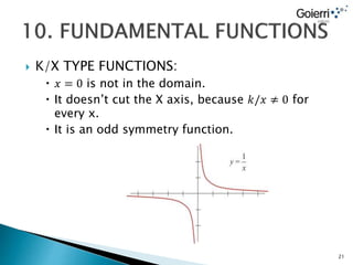  K/X TYPE FUNCTIONS:
 𝑥 = 0 is not in the domain.
 It doesn’t cut the X axis, because 𝑘/𝑥 ≠ 0 for
every x.
 It is an odd symmetry function.
21
 