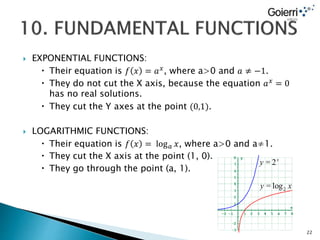  EXPONENTIAL FUNCTIONS:
 Their equation is 𝑓 𝑥 = 𝑎 𝑥, where a>0 and 𝑎 ≠ −1.
 They do not cut the X axis, because the equation 𝑎 𝑥
= 0
has no real solutions.
 They cut the Y axes at the point (0,1).
 LOGARITHMIC FUNCTIONS:
 Their equation is 𝑓 𝑥 = log 𝑎 𝑥, where a>0 and a≠1.
 They cut the X axis at the point (1, 0).
 They go through the point (a, 1).
22
 