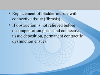 • Replacement of bladder muscle with
connective tissue (fibrosis).
• If obstruction is not relieved before
decompensation phase and connective
tissue deposition, permanent contractile
dysfunction ensues.
 