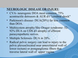 NEUROLOGIC DISEASE OR INJURY:
• CVA- neurogenic DOA most common, 75%
acontractile detrusors & AUR d/t "cerebral shock"
• Parkinson's disease- DUA(20%) far less common
than DOA.
• Multisystem atrophy/Shy-Drager syndrome- 52-
92% DUA on UDS d/t atrophy of efferent
parasympathetic nerves.
• Multiple Sclerosis- DUA in 20%.
• Radical pelvic surgery can lead to injury to the
pelvic plexus(located near anterolateral wall of
lower rectum) or postganglionic fibers that
traverse lateral wall of upper vagina.
 