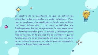 El objetivo de la enseñanza es que se activen las
diferentes redes cerebrales en cada estudiante. Para
que se produzca el aprendizaje no basta con motivar,
con tener información o con hacer actividades, son
fundamentales los tres componentes. Si bien estas redes
se identiﬁcan y aíslan para su estudio y utilización como
modelo teórico, en la práctica ha de entenderse que su
funcionamiento no es independiente, sino que son parte
de un mismo organismo, un mismo proceso complejo y
actúan de forma interrelacionada.
 