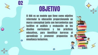 El DUA es un modelo que tiene como objetivo
reformular la educación proporcionando un
marco conceptual junto con herramientas que
faciliten el análisis y evaluación de los
diseños curriculares y las prácticas
educativas, para identiﬁcar barreras al
aprendizaje y promover propuestas de
enseñanza inclusivas.
OBJETIVO
02
 