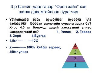 3-р багийн даалгавар-“Орон зайн” хэв
шинж давамгайлсан сурагчид
• Ýêîñèñòåìèéí èäýø òýæýýëèéí õýëõýýã çºâ
äàðààëàëä îðóóëан экологийн суварга зурна óу?
Хярс 4,5 кг болоход хэдий хэмжээний улиас
шаардлагатай вэ? 1. Улиас 2. Гөрөөс
3. Хярс 4.Бүргэд
• 4,5кг -------------10%
• Х------------- 100% Х=45кг гөрөөс,
450кг улиас
4
3
2
1
 