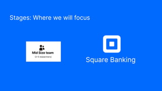 Stages: Where we will focus
Square Banking
Mid Size team
(2-5 researchers)
 