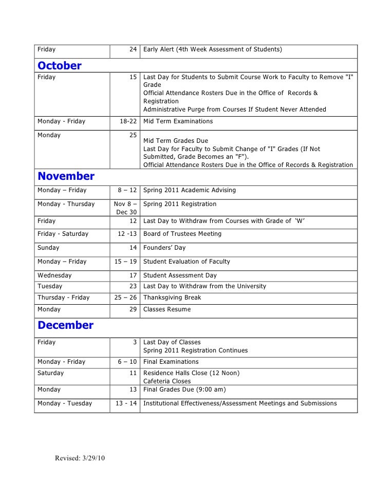 Du Academic Calendar 2010 11 Final