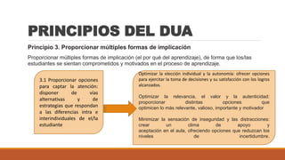 PRINCIPIOS DEL DUA
Principio 3. Proporcionar múltiples formas de implicación
Proporcionar múltiples formas de implicación (el por qué del aprendizaje), de forma que los/las
estudiantes se sientan comprometidos y motivados en el proceso de aprendizaje.
3.1 Proporcionar opciones
para captar la atención:
disponer de vías
alternativas y de
estrategias que respondan
a las diferencias intra e
interindividuales de el/la
estudiante
Optimizar la elección individual y la autonomía: ofrecer opciones
para ejercitar la toma de decisiones y su satisfacción con los logros
alcanzados.
Optimizar la relevancia, el valor y la autenticidad:
proporcionar distintas opciones que
optimicen lo más relevante, valioso, importante y motivador
Minimizar la sensación de inseguridad y las distracciones:
crear un clima de apoyo y
aceptación en el aula, ofreciendo opciones que reduzcan los
niveles de incertidumbre.
 