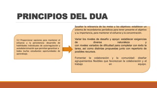 PRINCIPIOS DEL DUA
3.2 Proporcionar opciones para mantener el
esfuerzo y la persistencia: desarrollo de
habilidades individuales de autorregulación y
autodeterminación que permitan garantizar a
todos los/las estudiantes oportunidades de
aprendizaje.
Resaltar la relevancia de las metas y los objetivos: establecer un
sistema de recordatorios periódicos para tener presente el objetivo
y su importancia, para mantener el esfuerzo y la concentración.
Variar los niveles de desafío y apoyo: establecer exigencias
de diversa naturaleza y
con niveles variados de dificultad para completar con éxito la
tarea, así como distintas propuestas junto con repertorio de
posibles recursos.
Fomentar la colaboración y la comunidad: diseñar
agrupamientos flexibles que favorezcan la colaboración y el
trabajo en equipo.
 