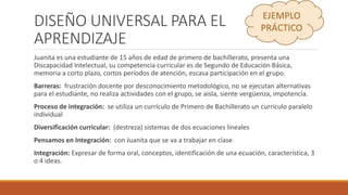 DISEÑO UNIVERSAL PARA EL
APRENDIZAJE
Juanita es una estudiante de 15 años de edad de primero de bachillerato, presenta una
Discapacidad Intelectual, su competencia curricular es de Segundo de Educación Básica,
memoria a corto plazo, cortos períodos de atención, escasa participación en el grupo.
Barreras: frustración docente por desconocimiento metodológico, no se ejecutan alternativas
para el estudiante, no realiza actividades con el grupo, se aisla, siente vergüenza, impotencia.
Proceso de integración: se utiliza un currículo de Primero de Bachillerato un currículo paralelo
individual
Diversificación curricular: (destreza) sistemas de dos ecuaciones lineales
Pensamos en Integración: con Juanita que se va a trabajar en clase
Integración: Expresar de forma oral, conceptos, identificación de una ecuación, característica, 3
o 4 ideas.
 
