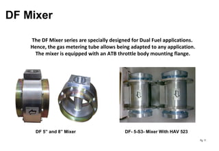 Pg. 11
DF Mixer
The DF Mixer series are specially designed for Dual Fuel applications.
Hence, the gas metering tube allows being adapted to any application.
The mixer is equipped with an ATB throttle body mounting flange.
DF- 5-S3- Mixer With HAV 523DF 5” and 8” Mixer
 