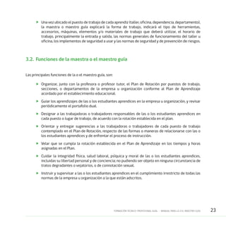 23FORMACIÓN TÉCNICO-PROFESIONAL DUAL • MANUAL PARA LA O EL MAESTRO GUÍA
	 Una vez ubicado el puesto de trabajo de cada aprendiz (taller, oficina, dependencia, departamento),
la maestra o maestro guía explicará la forma de trabajo, indicará el tipo de herramientas,
accesorios, máquinas, elementos y/o materiales de trabajo que deberá utilizar, el horario de
trabajo, principalmente la entrada y salida, las normas generales de funcionamiento del taller u
oficina, los implementos de seguridad a usar y las normas de seguridad y de prevención de riesgos.
3.2. 	Funciones de la maestra o el maestro guía
Las principales funciones de la o el maestro guía, son:
	 Organizar, junto con la profesora o profesor tutor, el Plan de Rotación por puestos de trabajo,
secciones, o departamentos de la empresa u organización conforme al Plan de Aprendizaje
acordado por el establecimiento educacional.
	 Guiar los aprendizajes de las o los estudiantes aprendices en la empresa u organización, y revisar
periódicamente el portafolio dual.
	 Designar a las trabajadoras o trabajadores responsables de las o los estudiantes aprendices en
cada puesto o lugar de trabajo, de acuerdo con la rotación establecida en el plan.
	 Orientar y entregar sugerencias a las trabajadoras o trabajadores de cada puesto de trabajo
contemplado en el Plan de Rotación, respecto de las formas o maneras de relacionarse con las o
los estudiantes aprendices y de enfrentar el proceso de instrucción.
	 Velar que se cumpla la rotación establecida en el Plan de Aprendizaje en los tiempos y horas
asignadas en el Plan.
	 Cuidar la integridad física, salud laboral, psíquica y moral de las o los estudiantes aprendices,
incluidas su libertad personal y de conciencia; no pudiendo ser objeto en ninguna circunstancia de
tratos degradantes o vejatorios, o de connotación sexual.
	 Instruir y supervisar a las o los estudiantes aprendices en el cumplimiento irrestricto de todas las
normas de la empresa u organización a la que están adscritos.
	
 