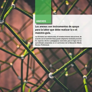 27FORMACIÓN TÉCNICO-PROFESIONAL DUAL • MANUAL PARA LA O EL MAESTRO GUÍA
ANEXOS	
Los anexos son instrumentos de apoyo
para la labor que debe realizar la o el
maestro guía.
Los formatos son referenciales. El establecimiento educacional, de
acuerdo con la Comisión Dual, puede adaptarlos teniendo presente
los aspectos técnico-pedagógicos esenciales para el logro de los
aprendizajes propuestos en el currículum de la Educación Media
Técnico-Profesional. 
 