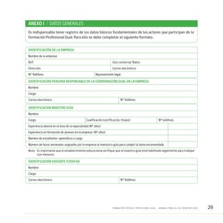 29FORMACIÓN TÉCNICO-PROFESIONAL DUAL • MANUAL PARA LA O EL MAESTRO GUÍA
IDENTIFICACIÓN DE LA EMPRESA
Nombre de la empresa:
RUT:	 Giro comercial/ Rubro:
Dirección:	 Correo electrónico:
N° Teléfono:	 Representante legal:
IDENTIFICACIÓN PERSONA RESPONSABLE DE LA COORDINACIÓN DUAL EN LA EMPRESA
Nombre:
Cargo:
Correo electrónico:	 N° Teléfono:
IDENTIFICACION MAESTRO GUÍA
Nombre:
Cargo:	 Cualificación (certificación, títulos):	 N° teléfono:
Experiencia laboral en el área de la especialidad (N° años)
Experiencia en formación de jóvenes en la empresa (N° años)
Número de estudiantes-aprendices a cargo
Número de horas semanales asignadas por la empresa al maestro/a guía para cumplir la tarea encomendada
ANEXO I / DATOS GENERALES
Es indispensable tener registro de los datos básicos fundamentales de los actores que participan de la
Formación Profesional Dual. Para ello se debe completar el siguiente formato.
Nota:	 Es importante que el establecimiento educacional verifique que el maestro guía está habilitado legalmente para trabajar
con menores.
IDENTIFICACIÓN DOCENTE TUTOR/RA
Nombre:
Cargo:
Correo electrónico:	 N° Teléfono:
 