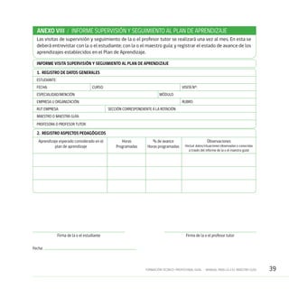 39FORMACIÓN TÉCNICO-PROFESIONAL DUAL • MANUAL PARA LA O EL MAESTRO GUÍA
ANEXO VIII / INFORME SUPERVISIÓN Y SEGUIMIENTO AL PLAN DE APRENDIZAJE
Las visitas de supervisión y seguimiento de la o el profesor tutor se realizará una vez al mes. En esta se
deberá entrevistar con la o el estudiante; con la o el maestro guía; y registrar el estado de avance de los
aprendizajes establecidos en el Plan de Aprendizaje.
INFORME VISITA SUPERVISIÓN Y SEGUIMIENTO AL PLAN DE APRENDIZAJE
1. REGISTRO DE DATOS GENERALES
ESTUDIANTE:
FECHA:	 CURSO:	 VISITA N°:
ESPECIALIDAD/MENCIÓN:	MÓDULO:
EMPRESA U ORGANIZACIÓN:	 RUBRO:	
RUT EMPRESA:	 SECCIÓN CORRESPONDIENTE A LA ROTACIÓN
MAESTRO O MAESTRA GUÍA:
PROFESORA O PROFESOR TUTOR:
2. REGISTRO ASPECTOS PEDAGÓGICOS
Aprendizaje esperado considerado en el
plan de aprendizaje
Horas
Programadas
% de avance
Horas programadas
Observaciones
(Incluir datos/situaciones observadas o conocidas
a través del informe de la o el maestro guía)
Firma de la o el estudiante Firma de la o el profesor tutor
Fecha:
 