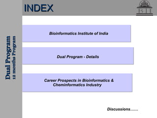 Dual Program - Details Dual Program 12 months Program Discussions…… Bioinformatics Institute of India INDEX Career Prospec...