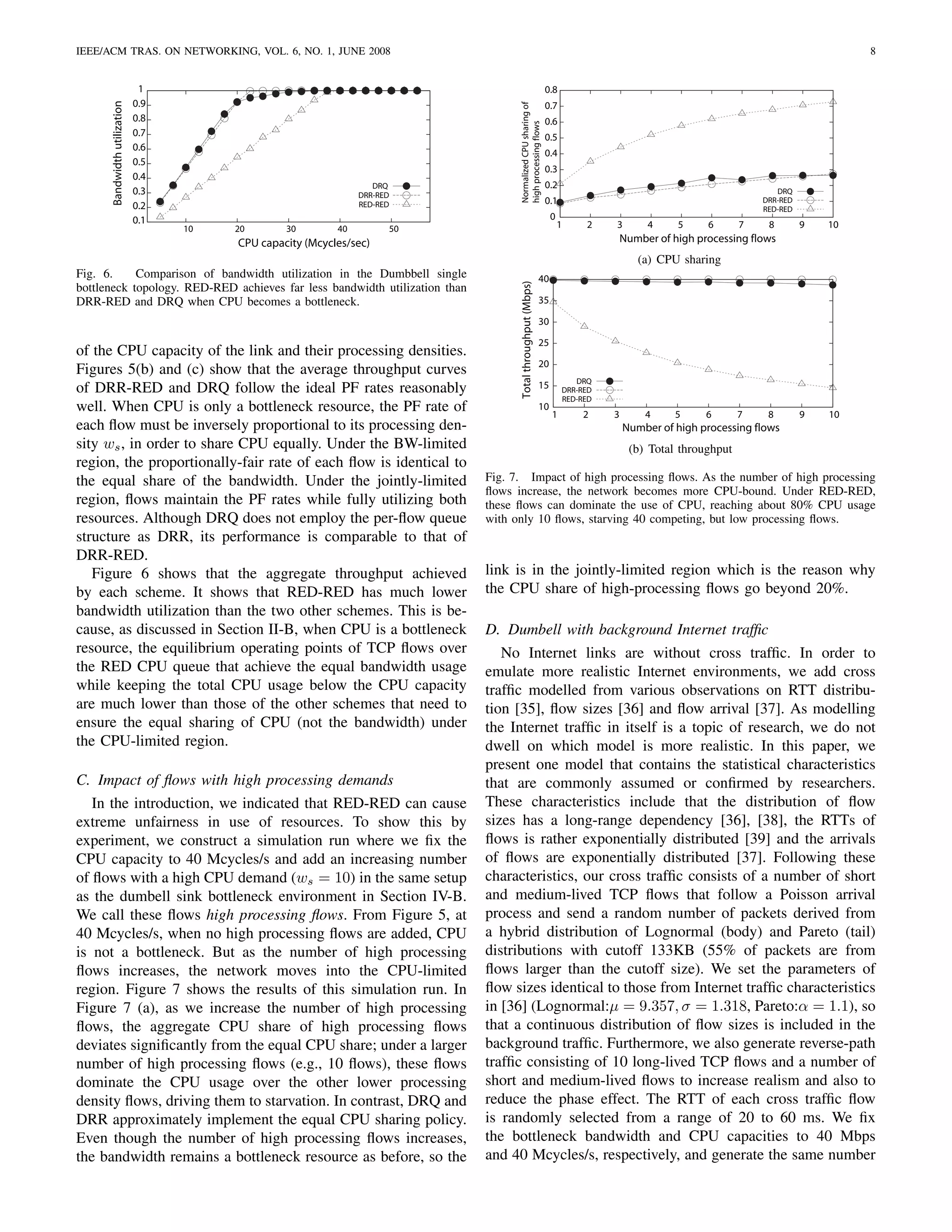 IEEE/ACM TRAS. ON NETWORKING, VOL. 6, NO. 1, JUNE 2008                                                                                                                            8


                               1                                                                              0.8
                              0.9
      Bandwidth utilization
                                                                                                              0.7




                                                                                  Normalized CPU sharing of
                              0.8                                                                             0.6




                                                                                  high processing flows
                              0.7                                                                             0.5
                              0.6
                                                                                                              0.4
                              0.5
                                                                                                              0.3
                              0.4
                                                                    DRQ                                       0.2
                              0.3                                DRR-RED                                                                                          DRQ
                              0.2                                RED-RED                                      0.1                                              DRR-RED
                                                                                                                                                               RED-RED
                              0.1                                                                                0
                                    10   20       30        40         50                                            1    2    3        4     5     6      7    8        9   10
                                         CPU capacity (Mcycles/sec)                                                                Number of high processing flows
                                                                                                                                      (a) CPU sharing
Fig. 6.     Comparison of bandwidth utilization in the Dumbbell single                                      40




                                                                                  Total throughput (Mbps)
bottleneck topology. RED-RED achieves far less bandwidth utilization than
DRR-RED and DRQ when CPU becomes a bottleneck.                                                              35

                                                                                                            30

                                                                                                            25
of the CPU capacity of the link and their processing densities.
                                                                                                            20
Figures 5(b) and (c) show that the average throughput curves
                                                                                                                        DRQ
of DRR-RED and DRQ follow the ideal PF rates reasonably                                                     15       DRR-RED
                                                                                                                     RED-RED
well. When CPU is only a bottleneck resource, the PF rate of                                                10
                                                                                                                 1        2    3        4     5     6      7    8        9   10
each ﬂow must be inversely proportional to its processing den-                                                                     Number of high processing flows
sity ws , in order to share CPU equally. Under the BW-limited                                                                       (b) Total throughput
region, the proportionally-fair rate of each ﬂow is identical to
the equal share of the bandwidth. Under the jointly-limited                 Fig. 7. Impact of high processing ﬂows. As the number of high processing
                                                                            ﬂows increase, the network becomes more CPU-bound. Under RED-RED,
region, ﬂows maintain the PF rates while fully utilizing both               these ﬂows can dominate the use of CPU, reaching about 80% CPU usage
resources. Although DRQ does not employ the per-ﬂow queue                   with only 10 ﬂows, starving 40 competing, but low processing ﬂows.
structure as DRR, its performance is comparable to that of
DRR-RED.
   Figure 6 shows that the aggregate throughput achieved                    link is in the jointly-limited region which is the reason why
by each scheme. It shows that RED-RED has much lower                        the CPU share of high-processing ﬂows go beyond 20%.
bandwidth utilization than the two other schemes. This is be-
cause, as discussed in Section II-B, when CPU is a bottleneck               D. Dumbell with background Internet trafﬁc
resource, the equilibrium operating points of TCP ﬂows over                    No Internet links are without cross trafﬁc. In order to
the RED CPU queue that achieve the equal bandwidth usage                    emulate more realistic Internet environments, we add cross
while keeping the total CPU usage below the CPU capacity                    trafﬁc modelled from various observations on RTT distribu-
are much lower than those of the other schemes that need to                 tion [35], ﬂow sizes [36] and ﬂow arrival [37]. As modelling
ensure the equal sharing of CPU (not the bandwidth) under                   the Internet trafﬁc in itself is a topic of research, we do not
the CPU-limited region.                                                     dwell on which model is more realistic. In this paper, we
                                                                            present one model that contains the statistical characteristics
C. Impact of ﬂows with high processing demands                              that are commonly assumed or conﬁrmed by researchers.
   In the introduction, we indicated that RED-RED can cause                 These characteristics include that the distribution of ﬂow
extreme unfairness in use of resources. To show this by                     sizes has a long-range dependency [36], [38], the RTTs of
experiment, we construct a simulation run where we ﬁx the                   ﬂows is rather exponentially distributed [39] and the arrivals
CPU capacity to 40 Mcycles/s and add an increasing number                   of ﬂows are exponentially distributed [37]. Following these
of ﬂows with a high CPU demand (ws = 10) in the same setup                  characteristics, our cross trafﬁc consists of a number of short
as the dumbell sink bottleneck environment in Section IV-B.                 and medium-lived TCP ﬂows that follow a Poisson arrival
We call these ﬂows high processing ﬂows. From Figure 5, at                  process and send a random number of packets derived from
40 Mcycles/s, when no high processing ﬂows are added, CPU                   a hybrid distribution of Lognormal (body) and Pareto (tail)
is not a bottleneck. But as the number of high processing                   distributions with cutoff 133KB (55% of packets are from
ﬂows increases, the network moves into the CPU-limited                      ﬂows larger than the cutoff size). We set the parameters of
region. Figure 7 shows the results of this simulation run. In               ﬂow sizes identical to those from Internet trafﬁc characteristics
Figure 7 (a), as we increase the number of high processing                  in [36] (Lognormal:µ = 9.357, σ = 1.318, Pareto:α = 1.1), so
ﬂows, the aggregate CPU share of high processing ﬂows                       that a continuous distribution of ﬂow sizes is included in the
deviates signiﬁcantly from the equal CPU share; under a larger              background trafﬁc. Furthermore, we also generate reverse-path
number of high processing ﬂows (e.g., 10 ﬂows), these ﬂows                  trafﬁc consisting of 10 long-lived TCP ﬂows and a number of
dominate the CPU usage over the other lower processing                      short and medium-lived ﬂows to increase realism and also to
density ﬂows, driving them to starvation. In contrast, DRQ and              reduce the phase effect. The RTT of each cross trafﬁc ﬂow
DRR approximately implement the equal CPU sharing policy.                   is randomly selected from a range of 20 to 60 ms. We ﬁx
Even though the number of high processing ﬂows increases,                   the bottleneck bandwidth and CPU capacities to 40 Mbps
the bandwidth remains a bottleneck resource as before, so the               and 40 Mcycles/s, respectively, and generate the same number
 