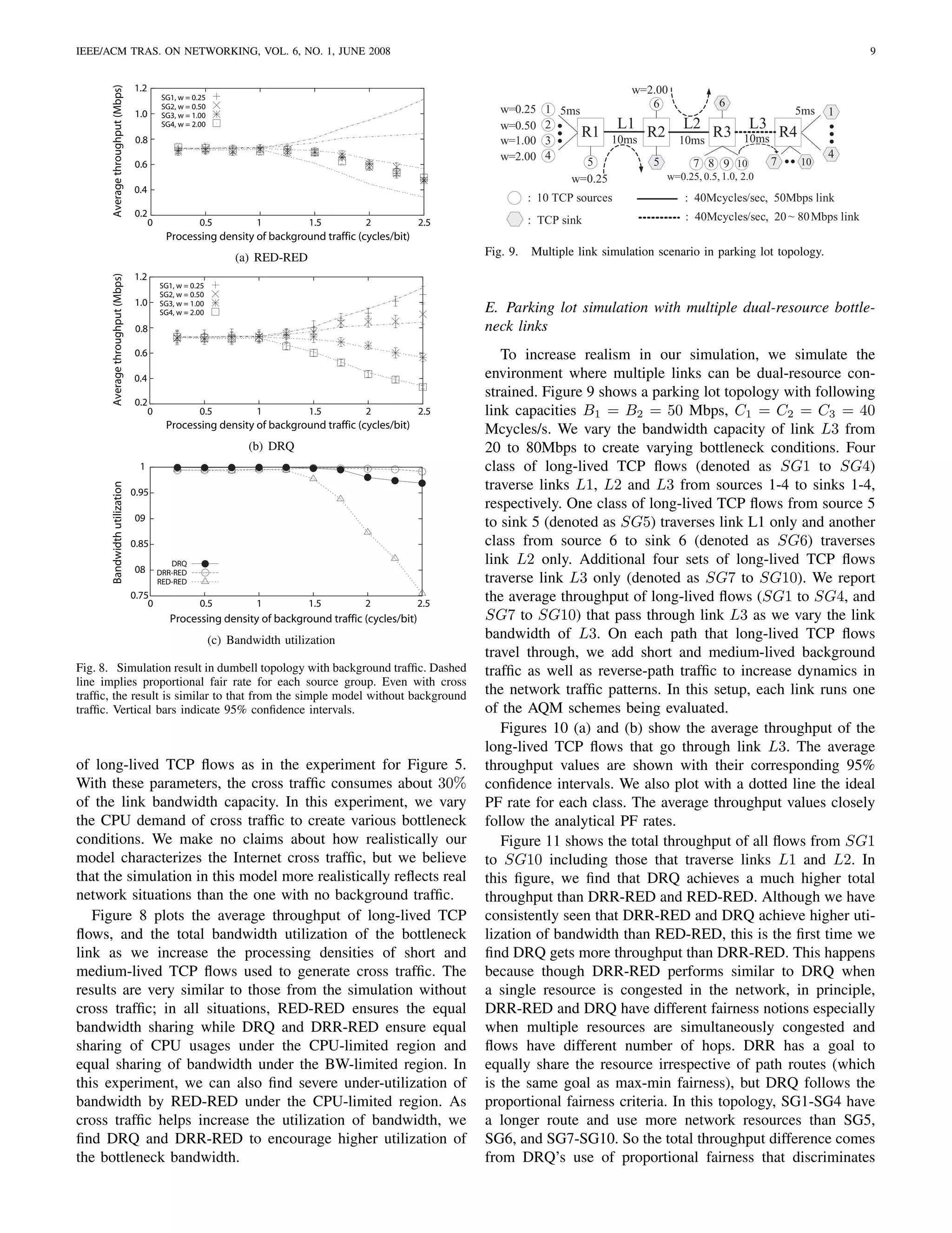 IEEE/ACM TRAS. ON NETWORKING, VOL. 6, NO. 1, JUNE 2008                                                                                                                                         9


                                   1.2

       Average throughput (Mbps)
                                                                                                                                           w=2.00
                                              SG1, w = 0.25
                                              SG2, w = 0.50                                                                                   6                 6
                                   1.0        SG3, w = 1.00
                                                                                                                 w=0.25    1 5ms                                                  5ms      1
                                              SG4, w = 2.00                                                      w=0.50    2          L1               L2              L3
                                    0.8                                                                          w=1.00    3
                                                                                                                                 R1 10ms      R2      10ms
                                                                                                                                                               R3     10ms       R4
                                                                                                                 w=2.00    4                                                               4
                                   0.6                                                                                            5             5        7 8 9 10            7        10
                                                                                                                               w=0.25               w=0.25, 0.5, 1.0, 2.0
                                   0.4
                                                                                                                        : 10 TCP sources                : 40Mcycles/sec, 50Mbps link
                                   0.2                                                                                                                  : 40Mcycles/sec, 20 ~ 80 Mbps link
                                         0               0.5           1         1.5      2             2.5             : TCP sink
                                               Processing density of background traffic (cycles/bit)
                                                                   (a) RED-RED                                Fig. 9.   Multiple link simulation scenario in parking lot topology.
                                   1.2
       Average throughput (Mbps)




                                             SG1, w = 0.25
                                             SG2, w = 0.50
                                   1.0       SG3, w = 1.00
                                             SG4, w = 2.00                                                    E. Parking lot simulation with multiple dual-resource bottle-
                                    0.8                                                                       neck links
                                   0.6                                                                           To increase realism in our simulation, we simulate the
                                   0.4                                                                        environment where multiple links can be dual-resource con-
                                                                                                              strained. Figure 9 shows a parking lot topology with following
                                   0.2
                                         0               0.5           1         1.5      2             2.5   link capacities B1 = B2 = 50 Mbps, C1 = C2 = C3 = 40
                                               Processing density of background traffic (cycles/bit)          Mcycles/s. We vary the bandwidth capacity of link L3 from
                                                                      (b) DRQ                                 20 to 80Mbps to create varying bottleneck conditions. Four
                                     1                                                                        class of long-lived TCP ﬂows (denoted as SG1 to SG4)
                                                                                                              traverse links L1, L2 and L3 from sources 1-4 to sinks 1-4,
       Bandwidth utilization




                                   0.95
                                                                                                              respectively. One class of long-lived TCP ﬂows from source 5
                                   0.
                                    9
                                                                                                              to sink 5 (denoted as SG5) traverses link L1 only and another
                                   0.85                                                                       class from source 6 to sink 6 (denoted as SG6) traverses
                                                DRQ                                                           link L2 only. Additional four sets of long-lived TCP ﬂows
                                   0.
                                    8        DRR-RED
                                             RED-RED                                                          traverse link L3 only (denoted as SG7 to SG10). We report
                                   0.75
                                       0                 0.5           1         1.5      2             2.5
                                                                                                              the average throughput of long-lived ﬂows (SG1 to SG4, and
                                                Processing density of background traffic (cycles/bit)         SG7 to SG10) that pass through link L3 as we vary the link
                                                              (c) Bandwidth utilization                       bandwidth of L3. On each path that long-lived TCP ﬂows
                                                                                                              travel through, we add short and medium-lived background
Fig. 8. Simulation result in dumbell topology with background trafﬁc. Dashed                                  trafﬁc as well as reverse-path trafﬁc to increase dynamics in
line implies proportional fair rate for each source group. Even with cross
trafﬁc, the result is similar to that from the simple model without background                                the network trafﬁc patterns. In this setup, each link runs one
trafﬁc. Vertical bars indicate 95% conﬁdence intervals.                                                       of the AQM schemes being evaluated.
                                                                                                                 Figures 10 (a) and (b) show the average throughput of the
                                                                                                              long-lived TCP ﬂows that go through link L3. The average
of long-lived TCP ﬂows as in the experiment for Figure 5.                                                     throughput values are shown with their corresponding 95%
With these parameters, the cross trafﬁc consumes about 30%                                                    conﬁdence intervals. We also plot with a dotted line the ideal
of the link bandwidth capacity. In this experiment, we vary                                                   PF rate for each class. The average throughput values closely
the CPU demand of cross trafﬁc to create various bottleneck                                                   follow the analytical PF rates.
conditions. We make no claims about how realistically our                                                        Figure 11 shows the total throughput of all ﬂows from SG1
model characterizes the Internet cross trafﬁc, but we believe                                                 to SG10 including those that traverse links L1 and L2. In
that the simulation in this model more realistically reﬂects real                                             this ﬁgure, we ﬁnd that DRQ achieves a much higher total
network situations than the one with no background trafﬁc.                                                    throughput than DRR-RED and RED-RED. Although we have
   Figure 8 plots the average throughput of long-lived TCP                                                    consistently seen that DRR-RED and DRQ achieve higher uti-
ﬂows, and the total bandwidth utilization of the bottleneck                                                   lization of bandwidth than RED-RED, this is the ﬁrst time we
link as we increase the processing densities of short and                                                     ﬁnd DRQ gets more throughput than DRR-RED. This happens
medium-lived TCP ﬂows used to generate cross trafﬁc. The                                                      because though DRR-RED performs similar to DRQ when
results are very similar to those from the simulation without                                                 a single resource is congested in the network, in principle,
cross trafﬁc; in all situations, RED-RED ensures the equal                                                    DRR-RED and DRQ have different fairness notions especially
bandwidth sharing while DRQ and DRR-RED ensure equal                                                          when multiple resources are simultaneously congested and
sharing of CPU usages under the CPU-limited region and                                                        ﬂows have different number of hops. DRR has a goal to
equal sharing of bandwidth under the BW-limited region. In                                                    equally share the resource irrespective of path routes (which
this experiment, we can also ﬁnd severe under-utilization of                                                  is the same goal as max-min fairness), but DRQ follows the
bandwidth by RED-RED under the CPU-limited region. As                                                         proportional fairness criteria. In this topology, SG1-SG4 have
cross trafﬁc helps increase the utilization of bandwidth, we                                                  a longer route and use more network resources than SG5,
ﬁnd DRQ and DRR-RED to encourage higher utilization of                                                        SG6, and SG7-SG10. So the total throughput difference comes
the bottleneck bandwidth.                                                                                     from DRQ’s use of proportional fairness that discriminates
 