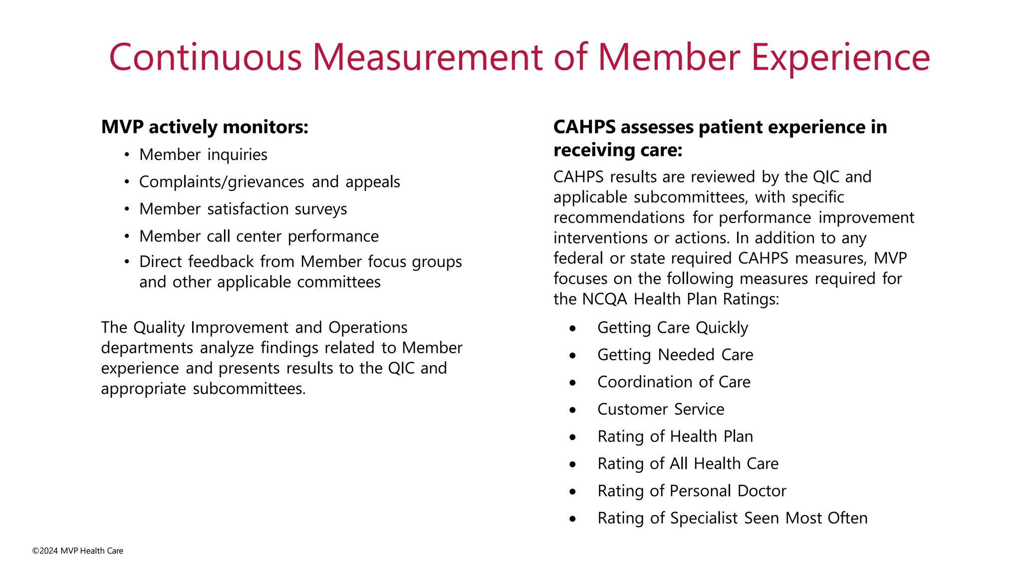 ©2024 MVP Health Care
MVP actively monitors:
• Member inquiries
• Complaints/grievances and appeals
• Member satisfaction surveys
• Member call center performance
• Direct feedback from Member focus groups
and other applicable committees
The Quality Improvement and Operations
departments analyze findings related to Member
experience and presents results to the QIC and
appropriate subcommittees.
CAHPS assesses patient experience in
receiving care:
CAHPS results are reviewed by the QIC and
applicable subcommittees, with specific
recommendations for performance improvement
interventions or actions. In addition to any
federal or state required CAHPS measures, MVP
focuses on the following measures required for
the NCQA Health Plan Ratings:
• Getting Care Quickly
• Getting Needed Care
• Coordination of Care
• Customer Service
• Rating of Health Plan
• Rating of All Health Care
• Rating of Personal Doctor
• Rating of Specialist Seen Most Often
Continuous Measurement of Member Experience
 
