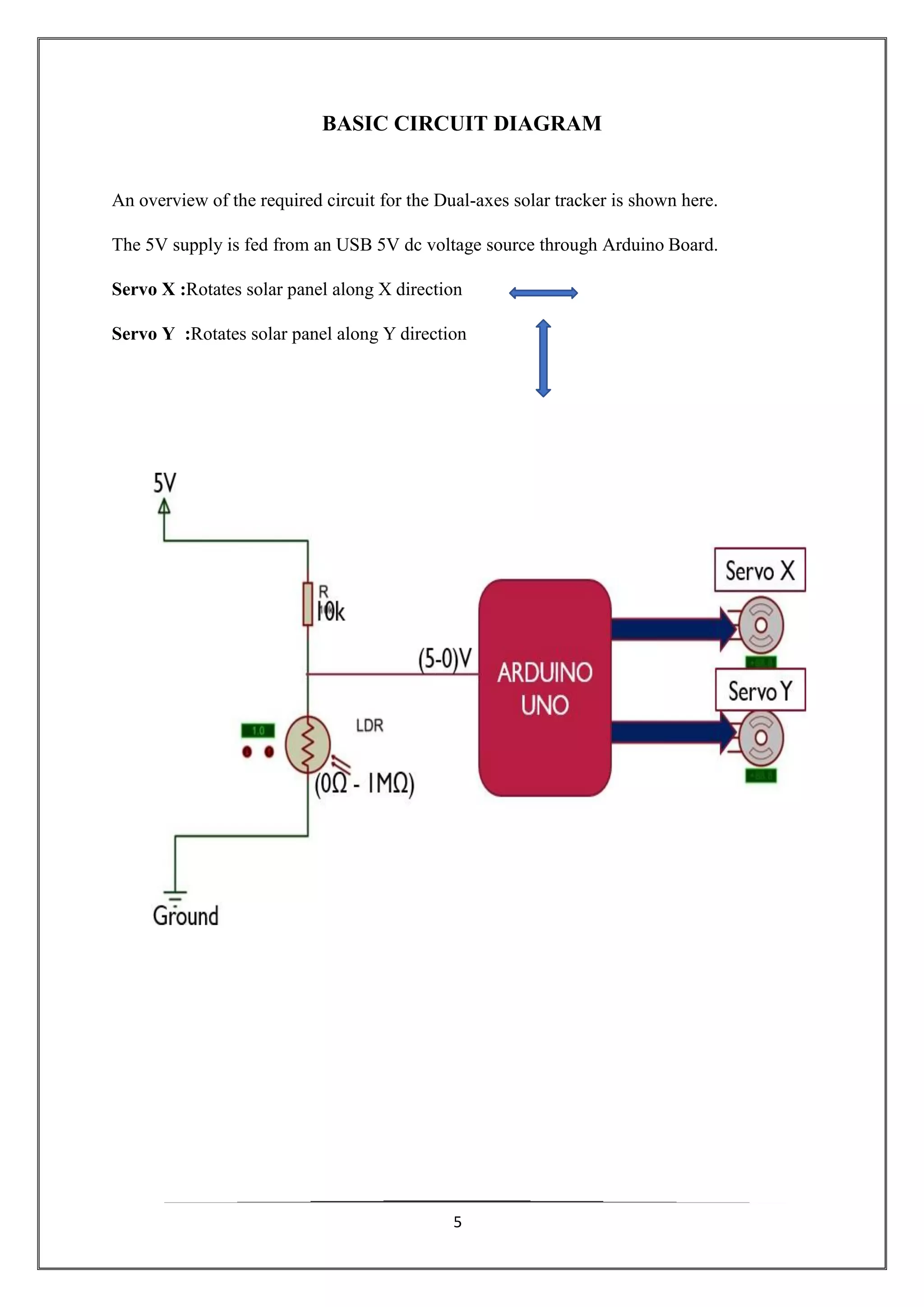 5
BASIC CIRCUIT DIAGRAM
An overview of the required circuit for the Dual-axes solar tracker is shown here.
The 5V supply is fed from an USB 5V dc voltage source through Arduino Board.
Servo X :Rotates solar panel along X direction
Servo Y :Rotates solar panel along Y direction
 