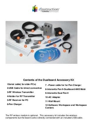 The RF wirless module is optional . This accessory kit includes the wireless
components but the board canb e directly connected with an included USB cable.
Contents of the Dualboard Accessory Kit
!-Serial cable( for older PCs)
2-USB Cable for direct connection
3-RF Wireless Transmitter
4-Holder for RF Transmitter
5-RF Receiver for PC
6-Pen Charger
7 –Power cable for for Pen Charger
8-Interwrite Pen II-Dualboard AND Mobi
9-Interwrite Dual Pen II
10-AC Adapter
11-Wall Mount
12-Software: Workspace and Workspace
Content.
 