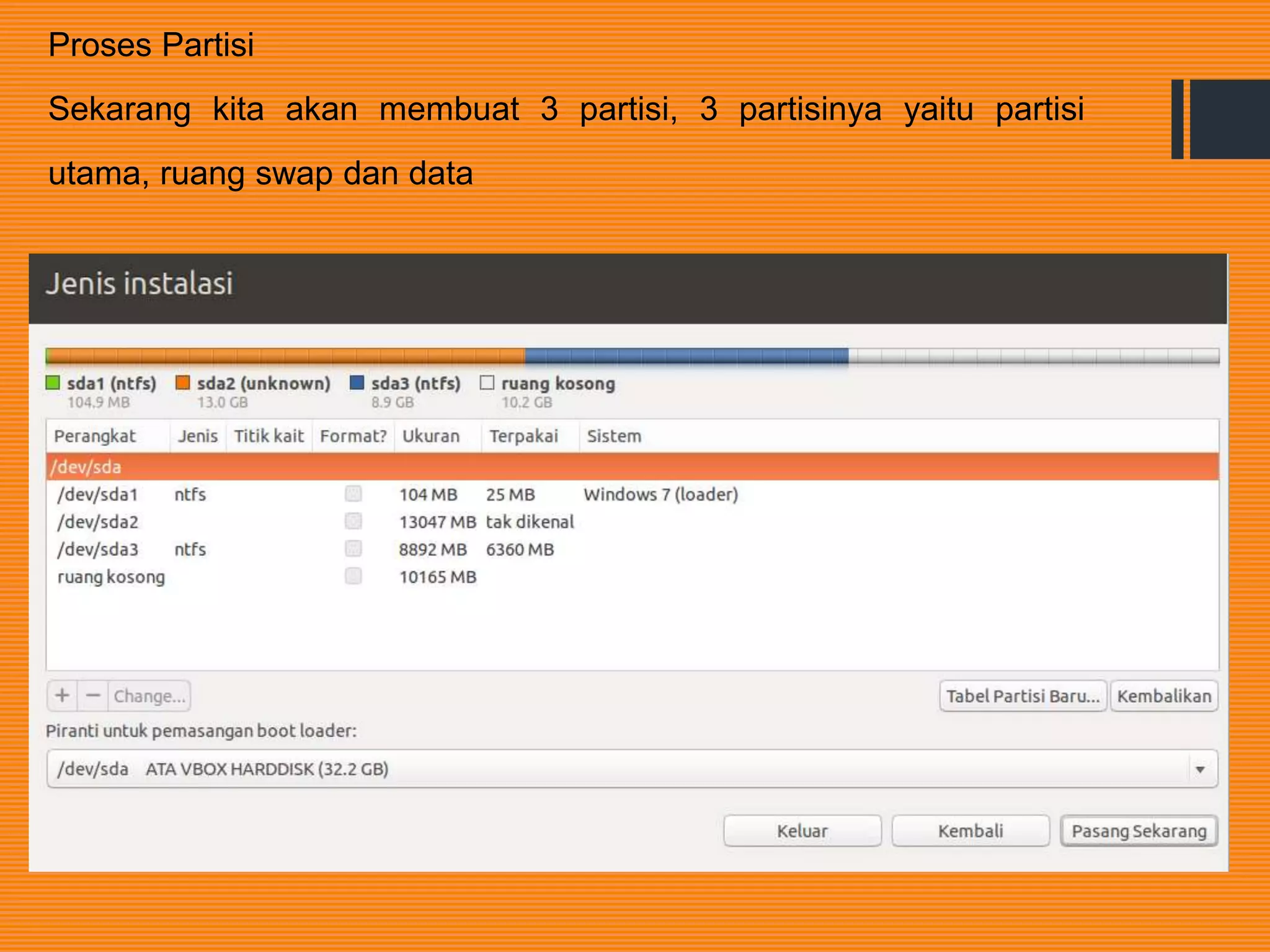 Proses Partisi
Sekarang kita akan membuat 3 partisi, 3 partisinya yaitu partisi
utama, ruang swap dan data
 