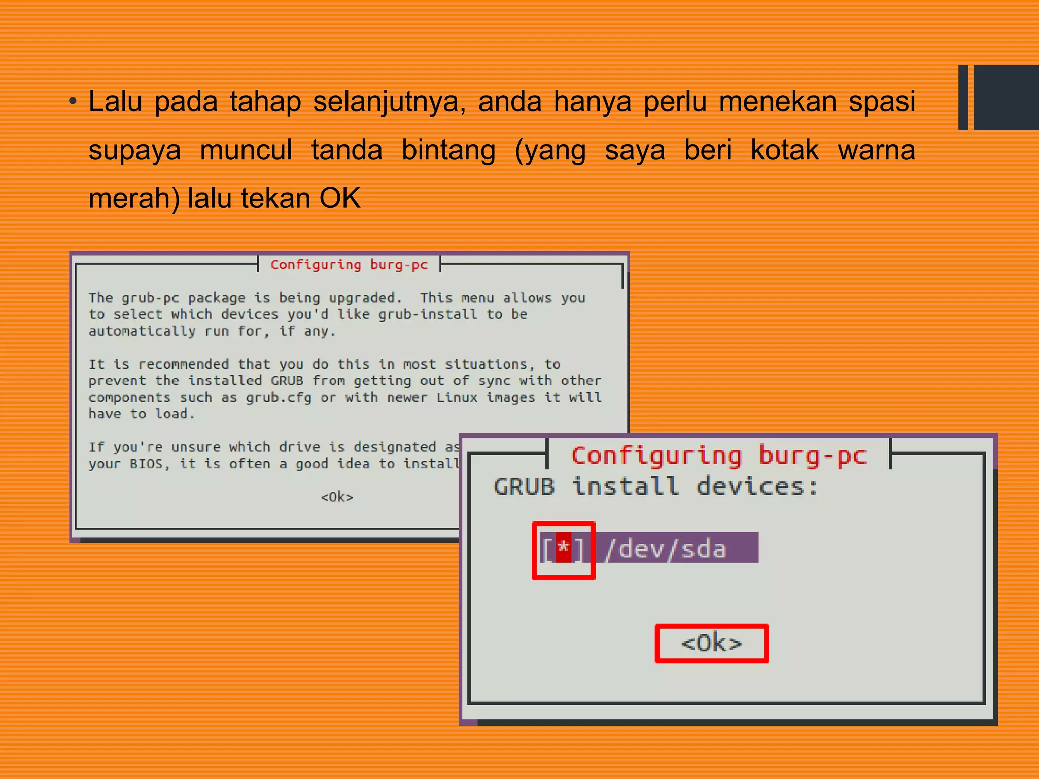 • Lalu pada tahap selanjutnya, anda hanya perlu menekan spasi
supaya muncul tanda bintang (yang saya beri kotak warna
merah) lalu tekan OK
 