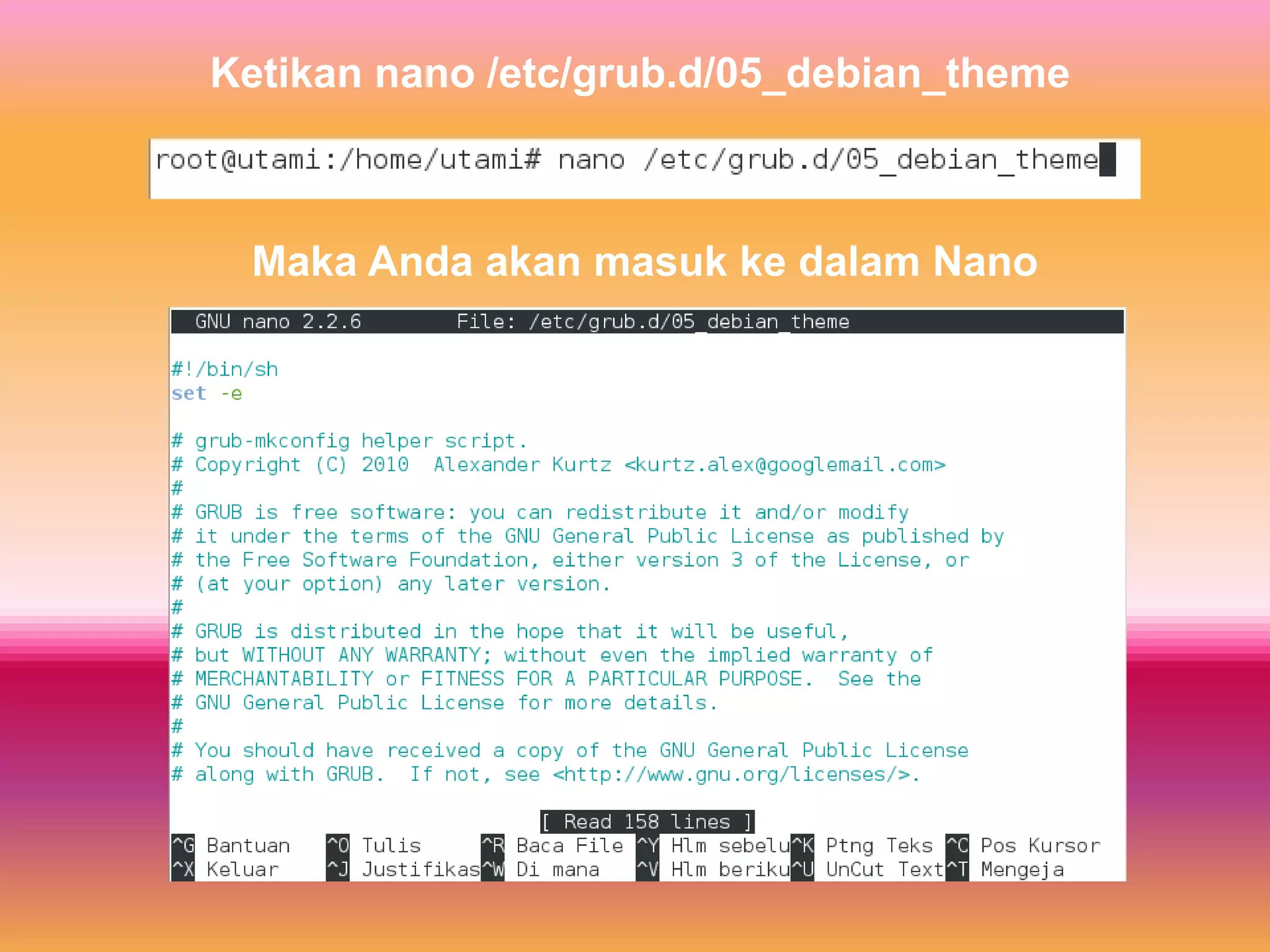 Ketikan nano /etc/grub.d/05_debian_theme
Maka Anda akan masuk ke dalam Nano
 