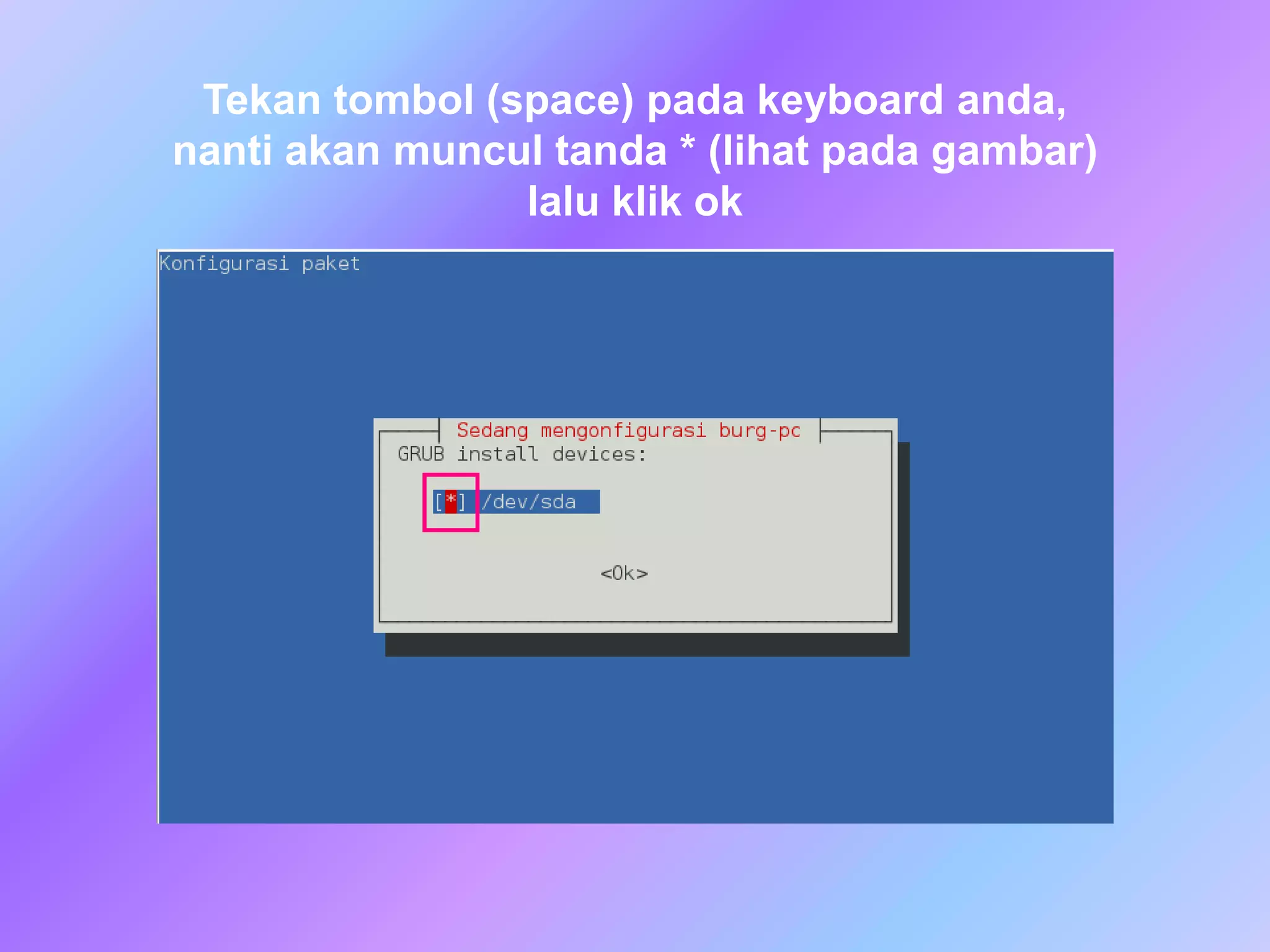 Tekan tombol (space) pada keyboard anda,
nanti akan muncul tanda * (lihat pada gambar)
lalu klik ok
 