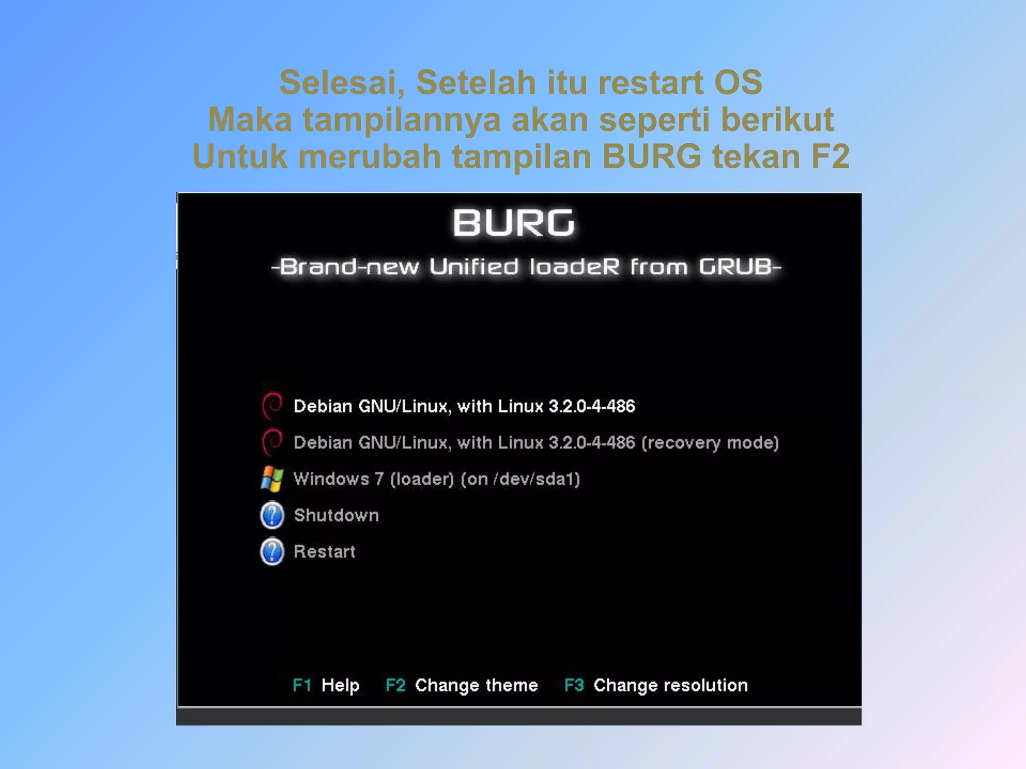 Selesai, Setelah itu restart OS
Maka tampilannya akan seperti berikut
Untuk merubah tampilan BURG tekan F2
 