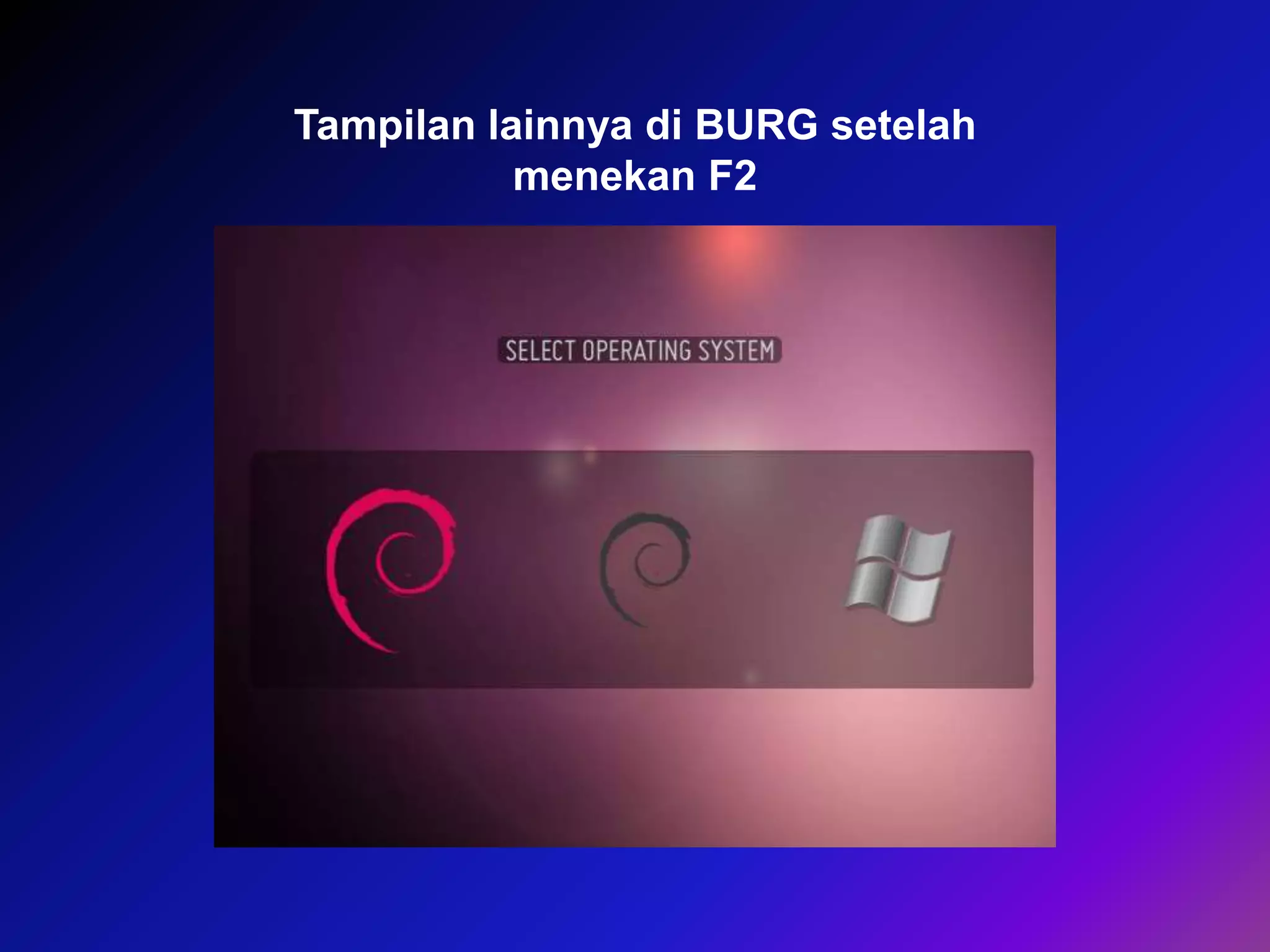 Tampilan lainnya di BURG setelah
menekan F2
 