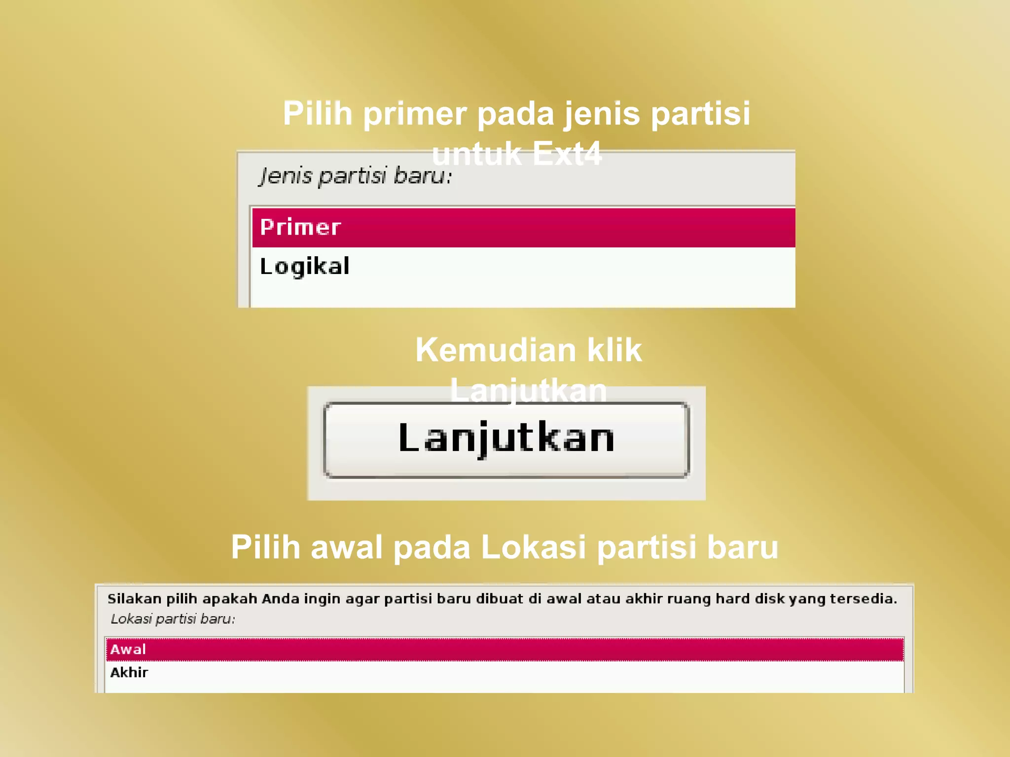 Pilih primer pada jenis partisi
untuk Ext4
Kemudian klik
Lanjutkan
Pilih awal pada Lokasi partisi baru
 