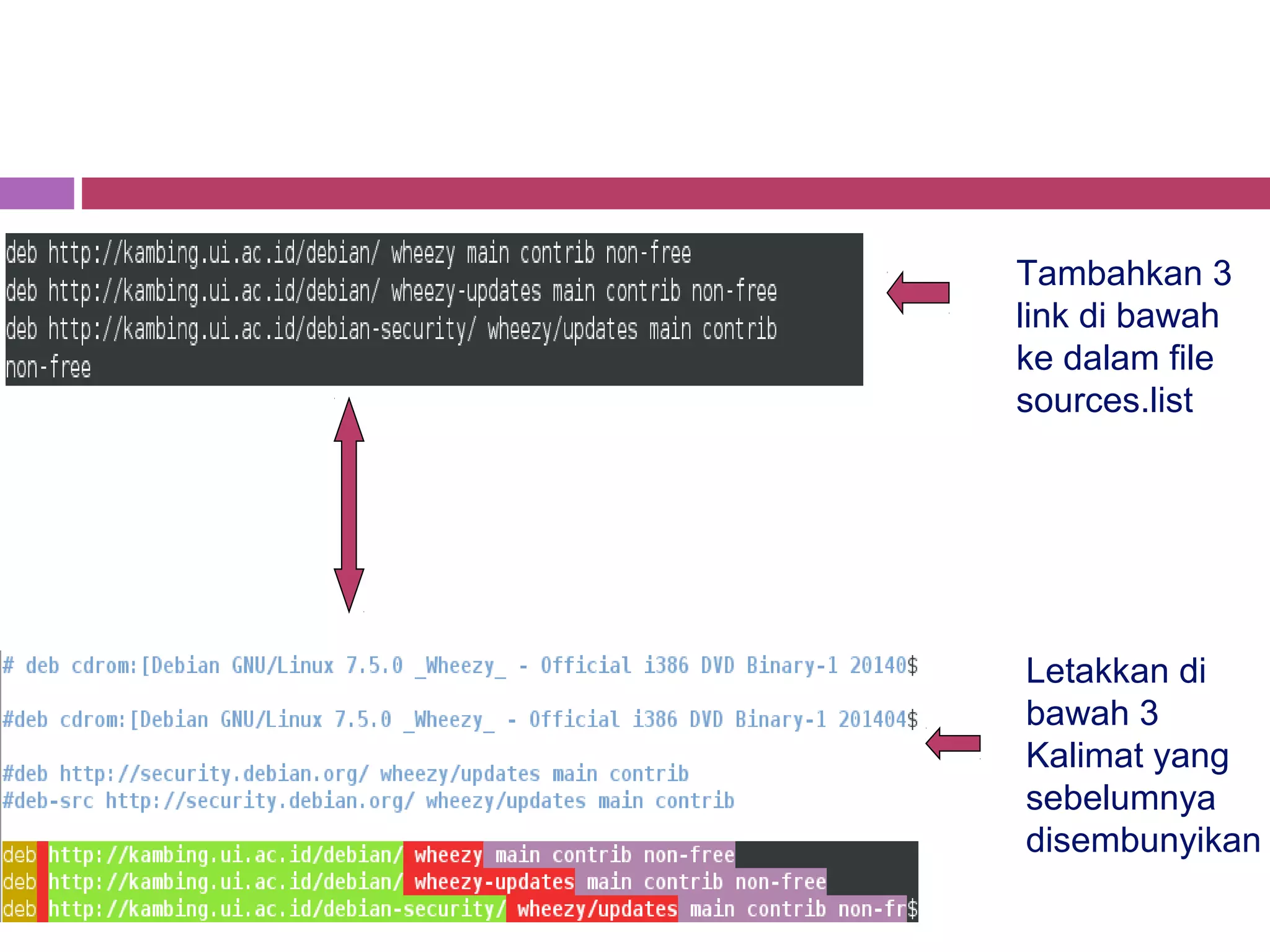 Tambahkan 3
link di bawah
ke dalam file
sources.list
Letakkan di
bawah 3
Kalimat yang
sebelumnya
disembunyikan
 