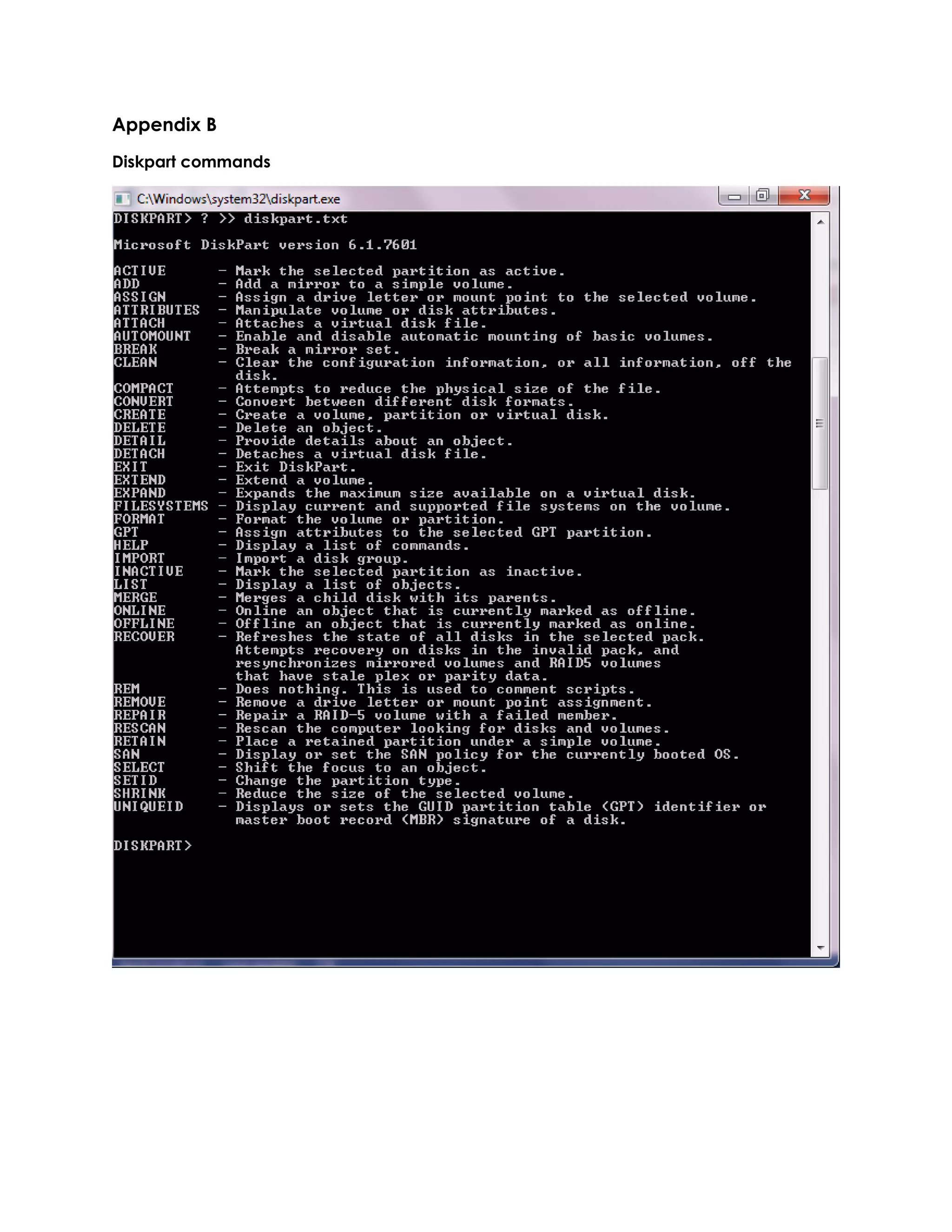 Appendix B
Diskpart commands
 