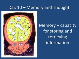 Ch. 10 – Memory and Thought


             Memory – capacity
              for storing and
                 retrieving
                information
 