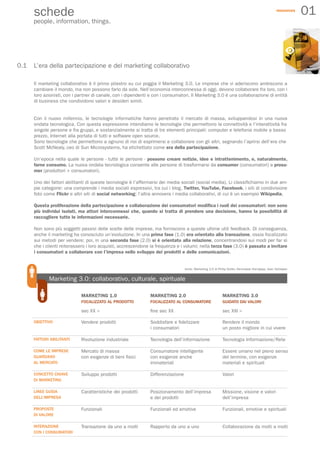schede                                                                                                                                      resources
                                                                                                                                                              01
      people, information, things.




0.1   L’era della partecipazione e del marketing collaborativo

      Il marketing collaborativo è il primo pilastro su cui poggia il Marketing 3.0. Le imprese che vi aderiscono ambiscono a
      cambiare il mondo, ma non possono farlo da sole. Nell’economia interconnessa di oggi, devono collaborare fra loro, con i
      loro azionisti, con i partner di canale, con i dipendenti e con i consumatori. Il Marketing 3.0 è una collaborazione di entità
      di business che condividono valori e desideri simili.


      Con il nuovo millennio, le tecnologie informatiche hanno penetrato il mercato di massa, sviluppandosi in una nuova
      ondata tecnologica. Con questa espressione intendiamo le tecnologie che permettono la connettività e l’interattività fra
      singole persone e fra gruppi, e sostanzialmente si tratta di tre elementi principali: computer e telefonia mobile a basso
      prezzo, Internet alla portata di tutti e software open source.
      Sono tecnologie che permettono a ognuno di noi di esprimersi e collaborare con gli altri, segnando l’aprirsi dell’era che
      Scott McNealy, ceo di Sun Microsystems, ha etichettato come era della partecipazione.

      Un’epoca nella quale le persone - tutte le persone - possono creare notizie, idee e intrattenimento, e, naturalmente,
      farne consumo. La nuova ondata tecnologica consente alle persone di trasformarsi da consumer (consumatori) a prosu-
      mer (produttori + consumatori).

      Uno dei fattori abilitanti di queste tecnologie è l’affermarsi dei media sociali (social media). Li classifichiamo in due am-
      pie categorie: una comprende i media sociali espressivi, tra cui i blog, Twitter, YouTube, Facebook, i siti di condivisione
      foto come Flickr e altri siti di social networking; l’altra annovera i media collaborativi, di cui è un esempio Wikipedia,

      Questa proliferazione della partecipazione e collaborazione dei consumatori modifica i ruoli dei consumatori: non sono
      più individui isolati, ma attori interconnessi che, quando si tratta di prendere una decisione, hanno la possibilità di
      raccogliere tutte le informazioni necessarie.

      Non sono più soggetti passivi delle scelte delle imprese, ma forniscono a queste ultime utili feedback. Di conseguenza,
      anche il marketing ha conosciuto un’evoluzione. In una prima fase (1.0) era orientato alla transazione, ossia focalizzato
      sui metodi per vendere; poi, in una seconda fase (2.0) si è orientato alla relazione, concentrandosi sui modi per far sì
      che i clienti reiterassero i loro acquisti, accrescendone la frequenza e i volumi; nella terza fase (3.0) è passato a invitare
      i consumatori a collaborare con l’impresa nello sviluppo dei prodotti e delle comunicazioni.


                                                                                  fonte: Marketing 3.0 di Philip Kotler, Hermawan Kartajaya, Iwan Setiawan


             Marketing 3.0: collaborativo, culturale, spirituale

                             MARKETING 1.0                     MARKETING 2.0                                MARKETING 3.0
                             FOCALIZZATO AL PRODOTTO           FOCALIZZATO AL CONSUMATORE                   GUIDATO DAI VALORI

                             sec XX >                          fine sec XX                                  sec XXI >

      OBIETTIVO              Vendere prodotti                  Soddisfare e fidelizzare                     Rendere il mondo
                                                               i consumatori                                un posto migliore in cui vivere

      FATTORI ABILITANTI     Rivoluzione industriale           Tecnologia dell’informazione                 Tecnologia Informazione/Rete

      COME LE IMPRESE        Mercato di massa                  Consumatore intelligente                     Essere umano nel pieno senso
      GUARDANO               con esigenze di beni fisici       con esigenze anche                           del termine, con esigenze
      AL MERCATO                                               immateriali                                  materiali e spirituali

      CONCETTO CHIAVE        Sviluppo prodotti                 Differenziazione                             Valori
      DI MARKETING

      LINEE GUIDA            Caratteristiche dei prodotti      Posizionamento dell’impresa                  Missione, visione e valori
      DELL’IMPRESA                                             e dei prodotti                               dell’impresa

      PROPOSTE               Funzionali                        Funzionali ed emotive                        Funzionali, emotive e spirituali
      DI VALORE

      INTERAZIONE            Transazione da uno a molti        Rapporto da uno a uno                        Collaborazione da molti a molti
      CON I CONSUMATORI
 