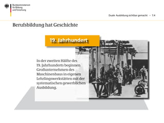 Duale Ausbildung sichtbar gemacht – 7.4



Berufsbildung hat Geschichte


                 19. Jahrhundert


          In der zweiten Hälfte des
          19. Jahrhunderts beginnen
          Großunternehmen des
          Maschinenbaus in eigenen
          Lehrlingswerkstätten mit der
          systematischen gewerblichen
          Ausbildung.
 