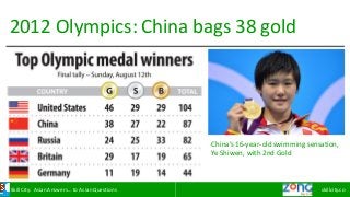 Skill	City:	Asian	Answers…	to	Asian	Questions skillcity.co
2012	Olympics:	China	bags	38	gold
China’s	16-year-old	swimming	...